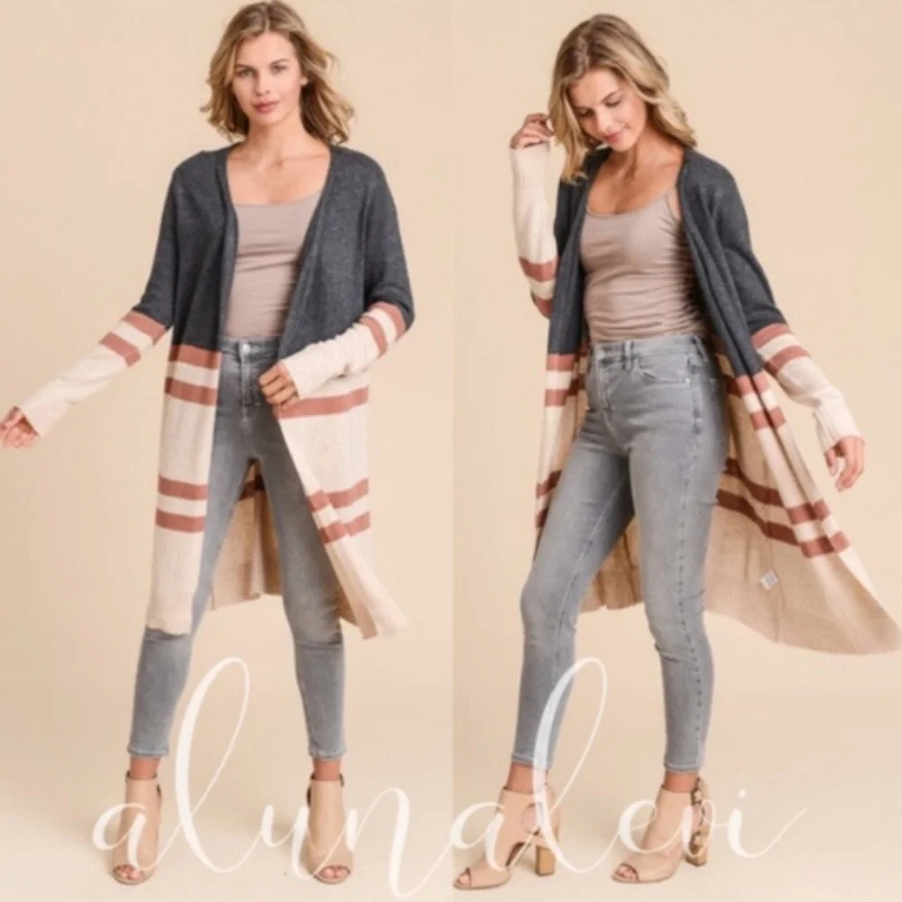 Charcoal Color block cashmere blend long cardigan Work Office - Picture 1 of 5